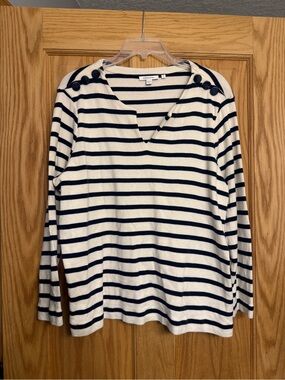 Chico’s Striped Boatneck Top with Shoulder Buttons size 2 Large navy cotton